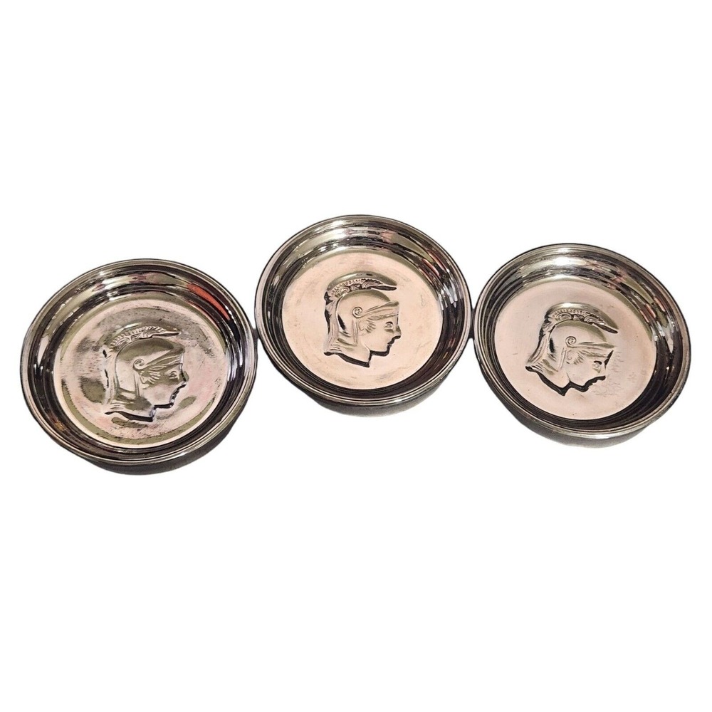 Vintage Silver Tone Trojan Roman Soldier Embossed Metal Coaster Set of 3
